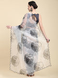 White Digital Printed Organza Saree With Satin Black Blouse Piece
