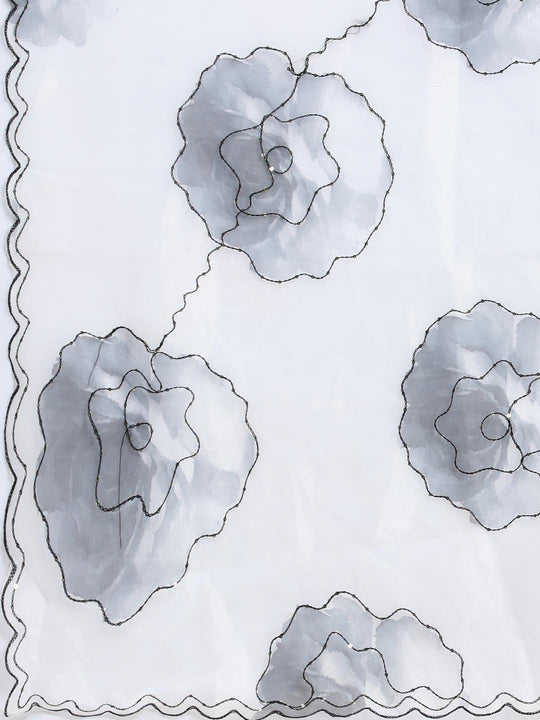 White Digital Printed Organza Saree With Satin Black Blouse Piece