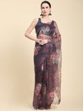 Brown Digital Printed Organza Saree With Satin Black Blouse Piece