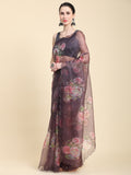 Brown Digital Printed Organza Saree With Satin Black Blouse Piece