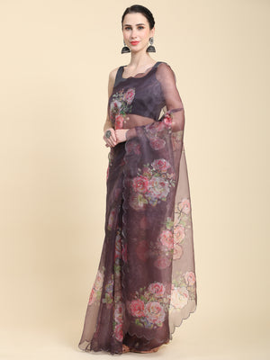 Brown Digital Printed Organza Saree With Satin Black Blouse Piece