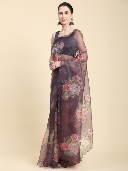 Brown Digital Printed Organza Saree With Satin Black Blouse Piece