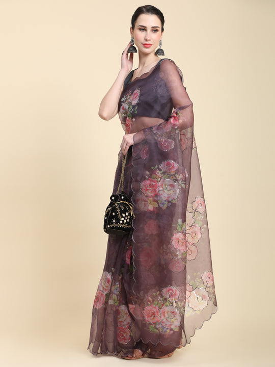 Brown Digital Printed Organza Saree With Satin Black Blouse Piece