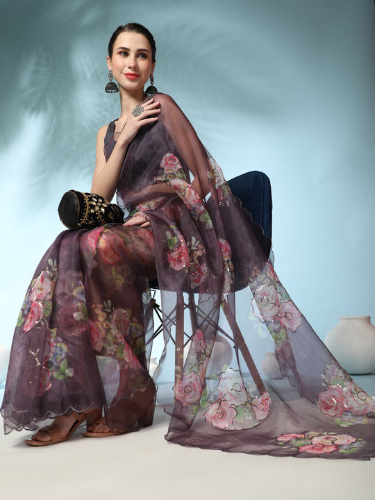 Brown Digital Printed Organza Saree With Satin Black Blouse Piece