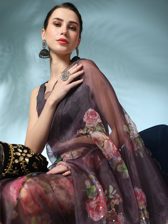 Brown Digital Printed Organza Saree With Satin Black Blouse Piece