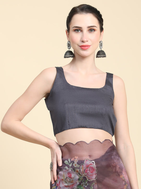 Brown Digital Printed Organza Saree With Satin Black Blouse Piece