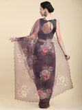Brown Digital Printed Organza Saree With Satin Black Blouse Piece