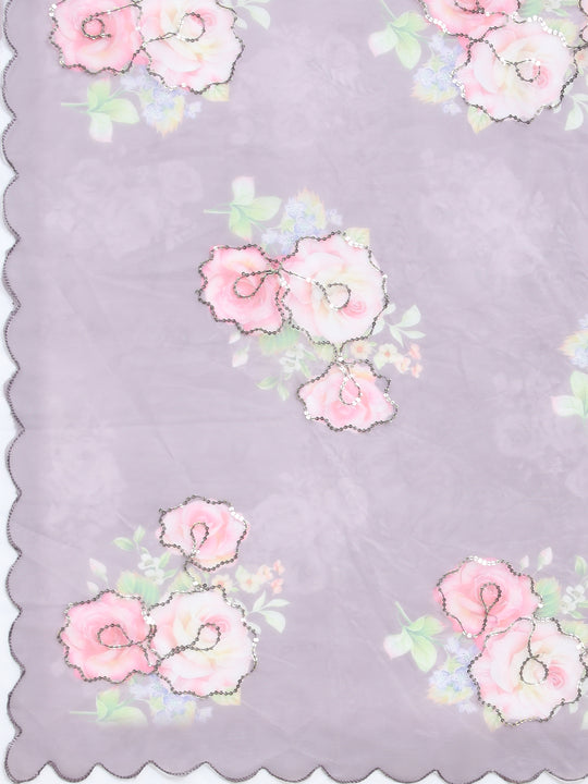 Brown Digital Printed Organza Saree With Satin Black Blouse Piece