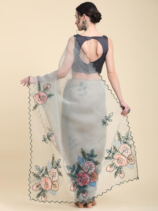 Green Digital Printed Organza Saree With Satin Black Blouse Piece