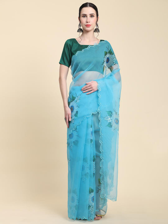 Sky Blue Digital Printed Organza Saree With Satin Green Blouse Piece