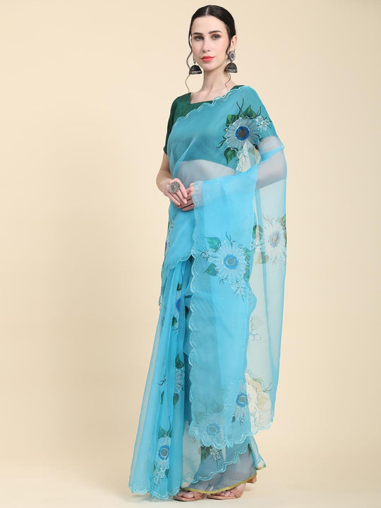 Sky Blue Digital Printed Organza Saree With Satin Green Blouse Piece
