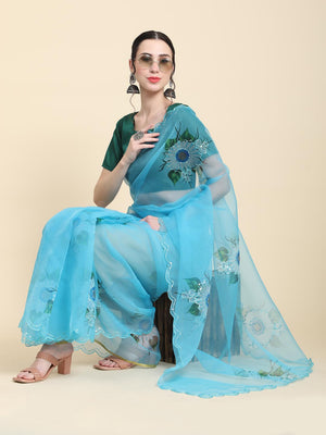 Sky Blue Digital Printed Organza Saree With Satin Green Blouse Piece