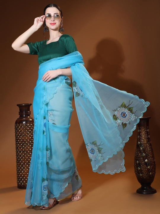 Sky Blue Digital Printed Organza Saree With Satin Green Blouse Piece