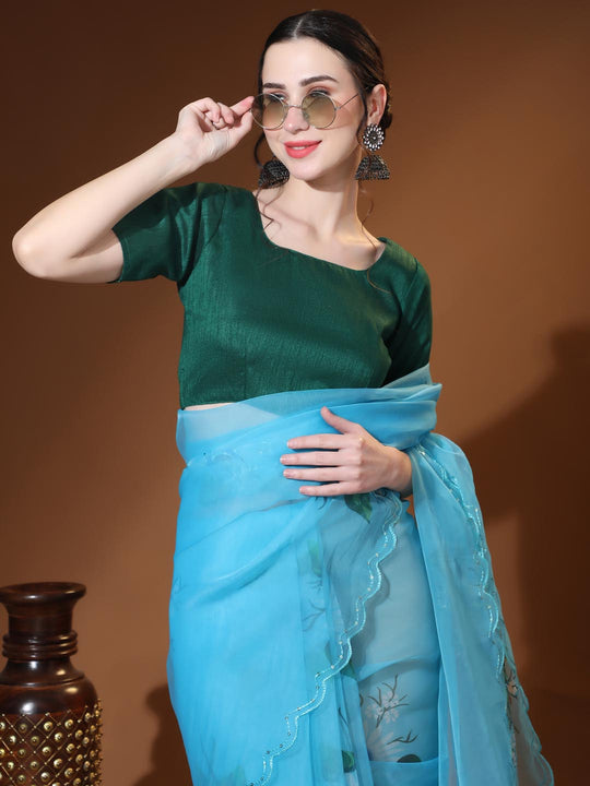 Sky Blue Digital Printed Organza Saree With Satin Green Blouse Piece