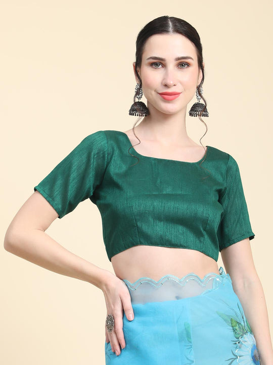 Sky Blue Digital Printed Organza Saree With Satin Green Blouse Piece