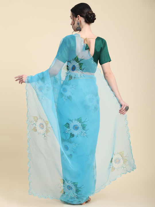 Sky Blue Digital Printed Organza Saree With Satin Green Blouse Piece