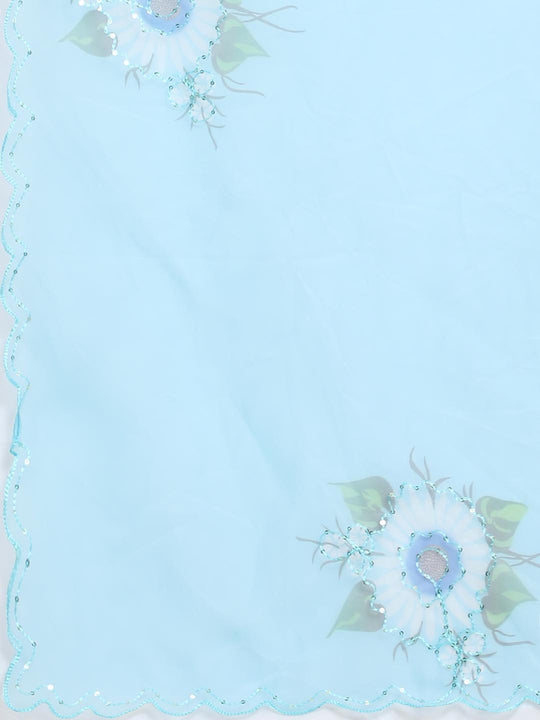 Sky Blue Digital Printed Organza Saree With Satin Green Blouse Piece