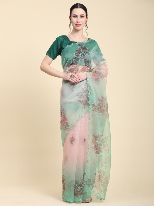 Light Green Digital Printed Organza Saree With Satin Green Blouse Piece
