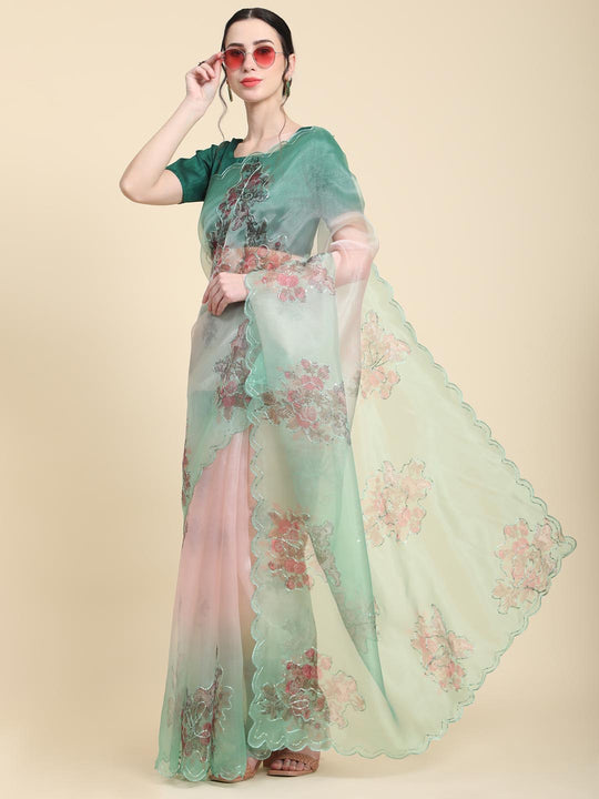 Light Green Digital Printed Organza Saree With Satin Green Blouse Piece