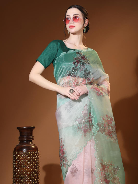 Light Green Digital Printed Organza Saree With Satin Green Blouse Piece