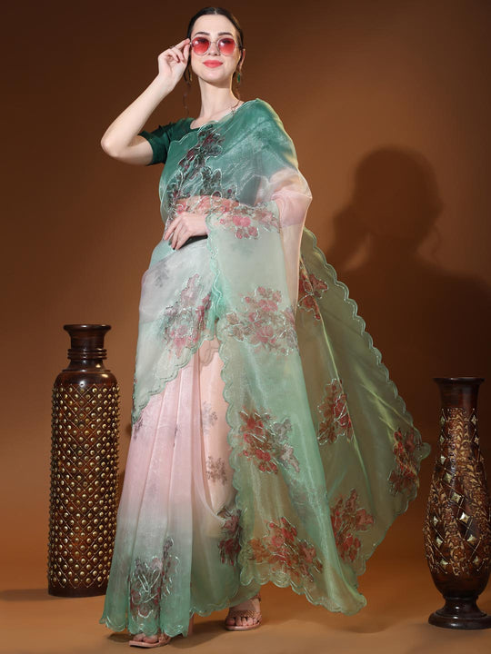 Light Green Digital Printed Organza Saree With Satin Green Blouse Piece