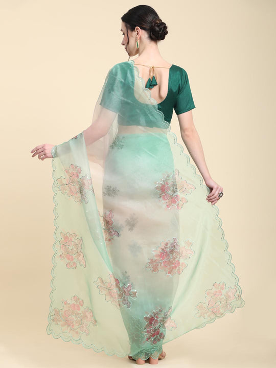 Light Green Digital Printed Organza Saree With Satin Green Blouse Piece