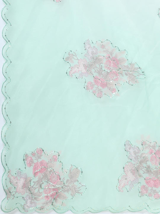 Light Green Digital Printed Organza Saree With Satin Green Blouse Piece