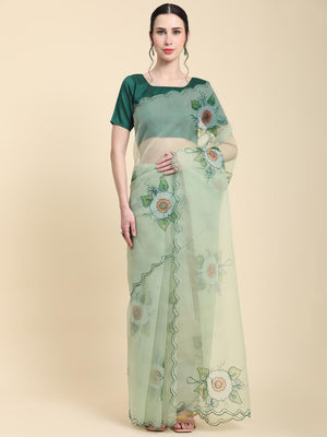 Light Green Digital Printed Organza Saree With Satin Green Blouse Piece