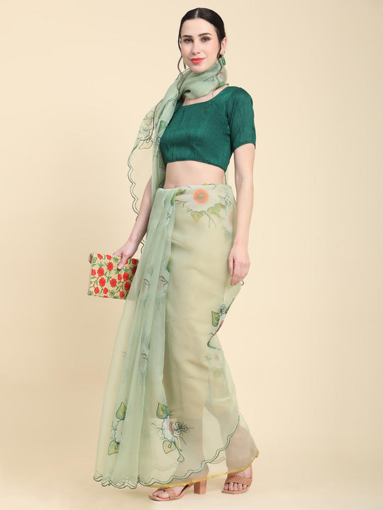 Light Green Digital Printed Organza Saree With Satin Green Blouse Piece
