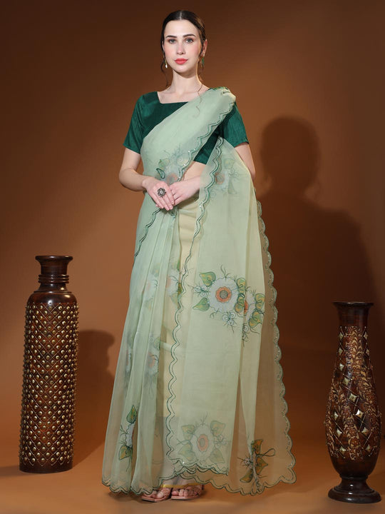 Light Green Digital Printed Organza Saree With Satin Green Blouse Piece