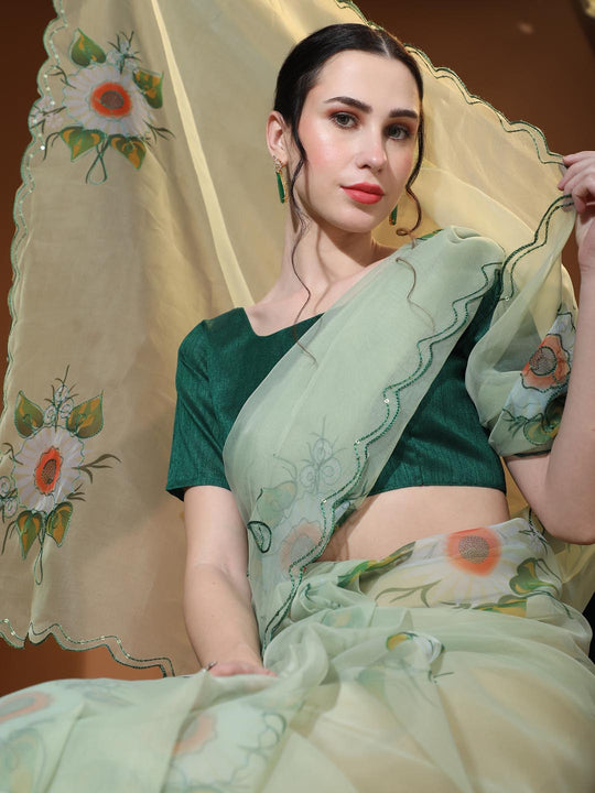 Light Green Digital Printed Organza Saree With Satin Green Blouse Piece