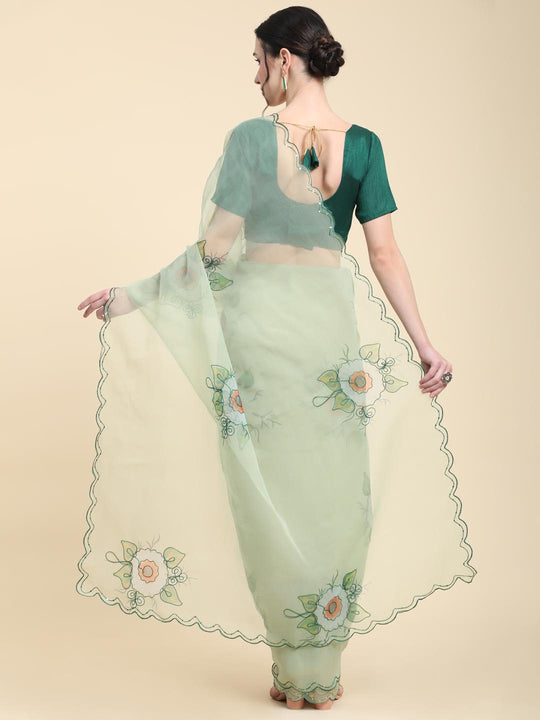 Light Green Digital Printed Organza Saree With Satin Green Blouse Piece