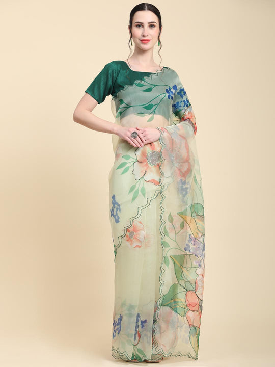 Light Green Digital Printed Organza Saree With Satin Green Blouse Piece