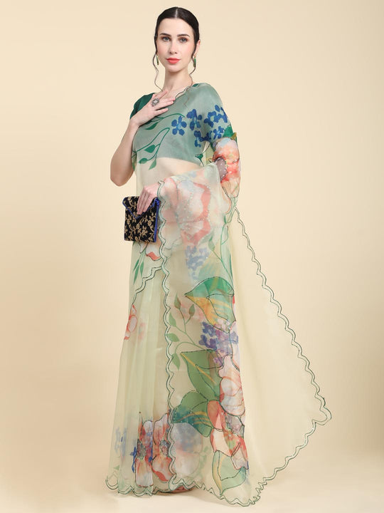 Light Green Digital Printed Organza Saree With Satin Green Blouse Piece