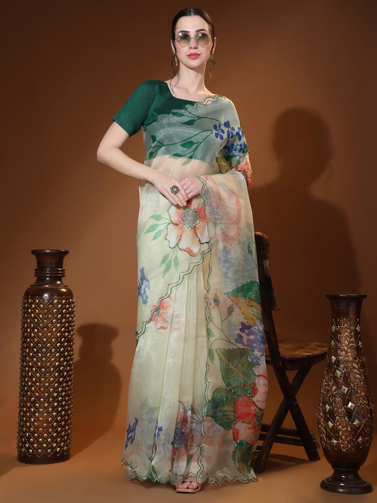 Light Green Digital Printed Organza Saree With Satin Green Blouse Piece