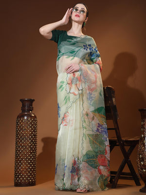 Light Green Digital Printed Organza Saree With Satin Green Blouse Piece