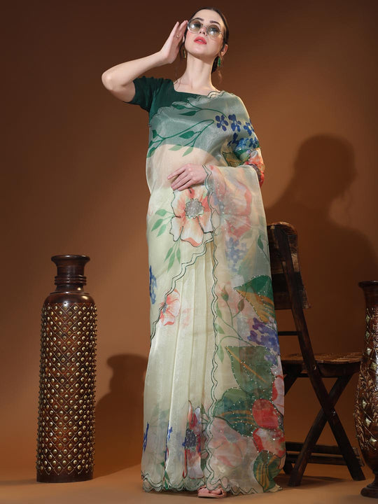 Light Green Digital Printed Organza Saree With Satin Green Blouse Piece