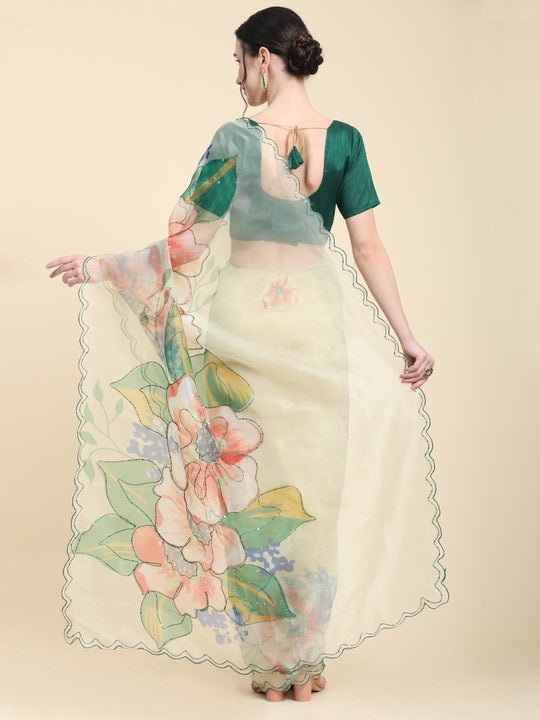 Light Green Digital Printed Organza Saree With Satin Green Blouse Piece