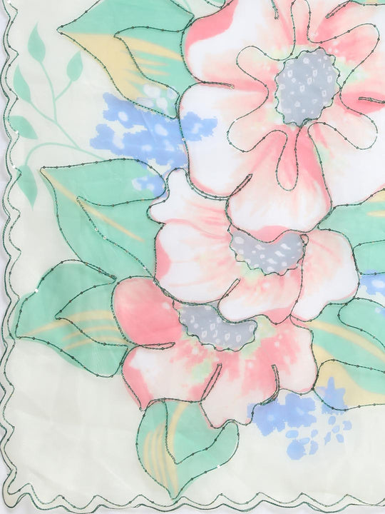 Light Green Digital Printed Organza Saree With Satin Green Blouse Piece