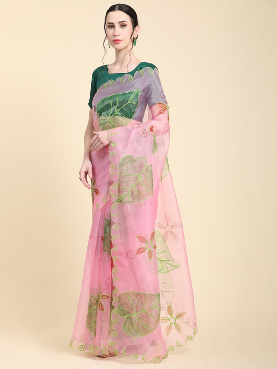 Lavender Digital Printed Organza Saree With Satin Green Blouse Piece