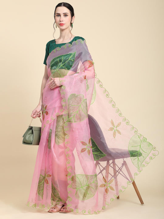 Lavender Digital Printed Organza Saree With Satin Green Blouse Piece