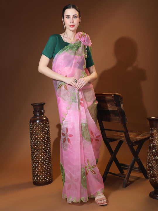 Lavender Digital Printed Organza Saree With Satin Green Blouse Piece