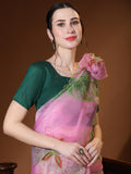 Lavender Digital Printed Organza Saree With Satin Green Blouse Piece