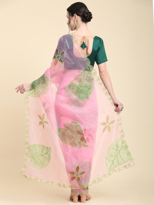 Lavender Digital Printed Organza Saree With Satin Green Blouse Piece