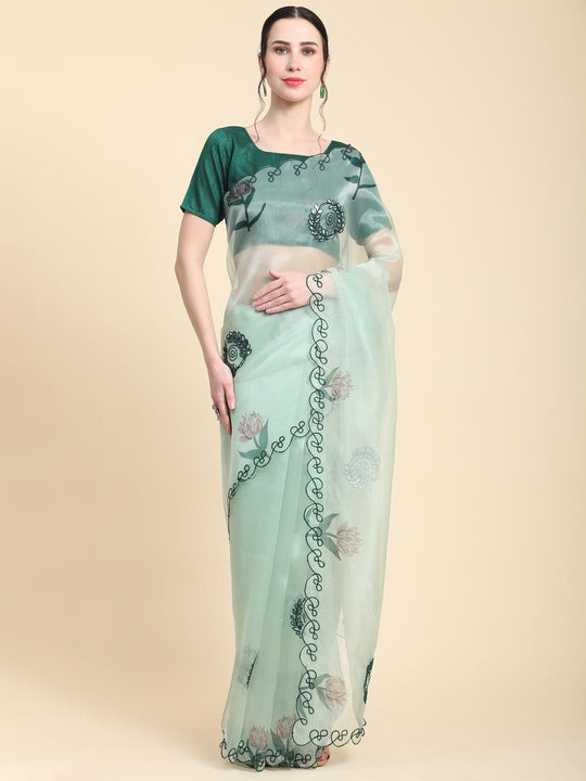 Light Green Digital Printed Organza Saree With Satin Green Blouse Piece