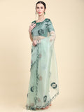 Light Green Digital Printed Organza Saree With Satin Green Blouse Piece