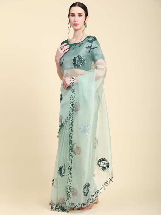 Light Green Digital Printed Organza Saree With Satin Green Blouse Piece