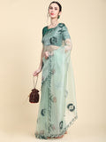 Light Green Digital Printed Organza Saree With Satin Green Blouse Piece