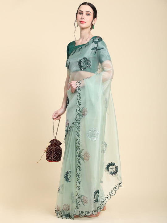 Light Green Digital Printed Organza Saree With Satin Green Blouse Piece