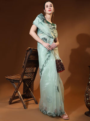 Light Green Digital Printed Organza Saree With Satin Green Blouse Piece
